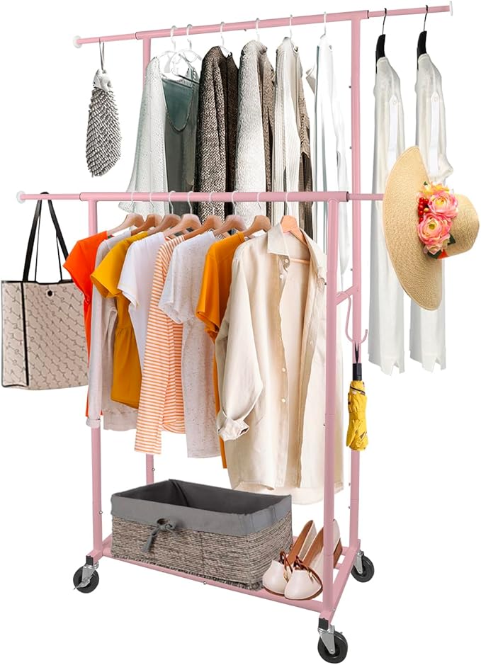 Fishat Portable Pink Double Rods Garment Clothes Rack for Drying with Rolling Clothes Organizer on Lockable Wheels Mobile for
