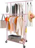Fishat Portable Pink Double Rods Garment Clothes Rack for Drying with Rolling Clothes Organizer on Lockable Wheels Mobile for