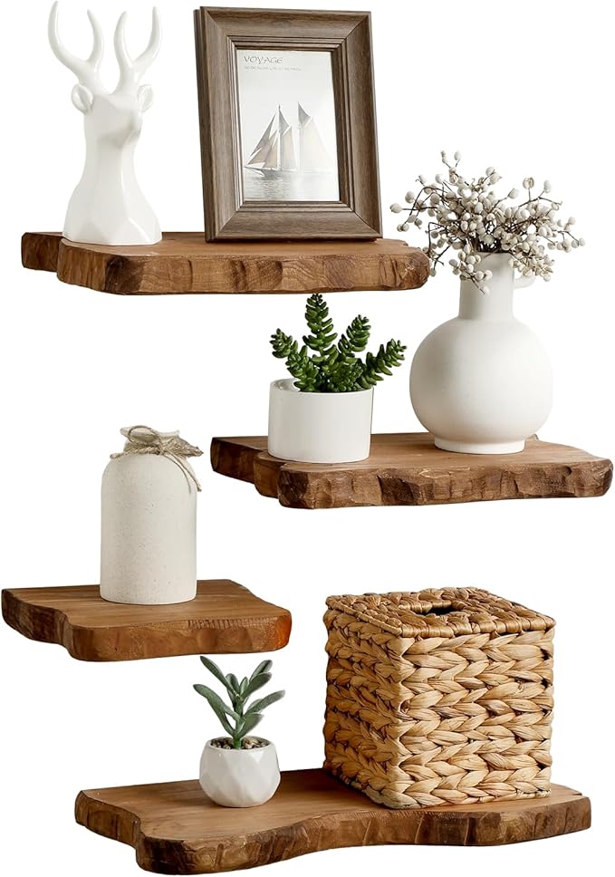 Pinkunn 4 Pcs Floating Shelves for Wall Wooden Live Edge Shelf Wall-Mounted Natural Solid Wood Bedroom Kitchen Storage Living