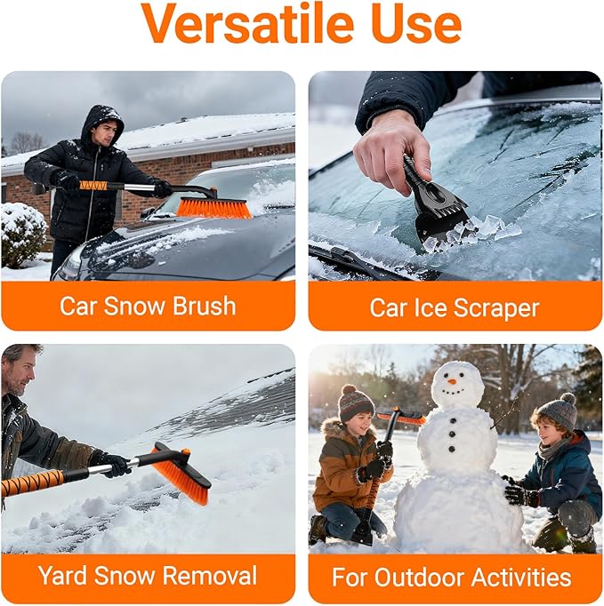33" Extendable Snow Brush and Ice Scraper for Car Windshield, 2-in-1 Car Snow Brush & Ice Scraper with 360° Pivoting Brush Head and Comfortable Foam Grip for SUV Trucks Sedans,Orange ﻿