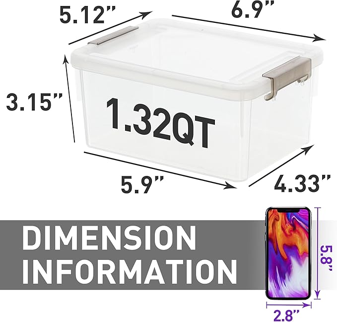 Citylife 1.3 QT 10 Pack Small Storage Bins Plastic Storage Container Stackable Box with Lids for Organizing, Clear White