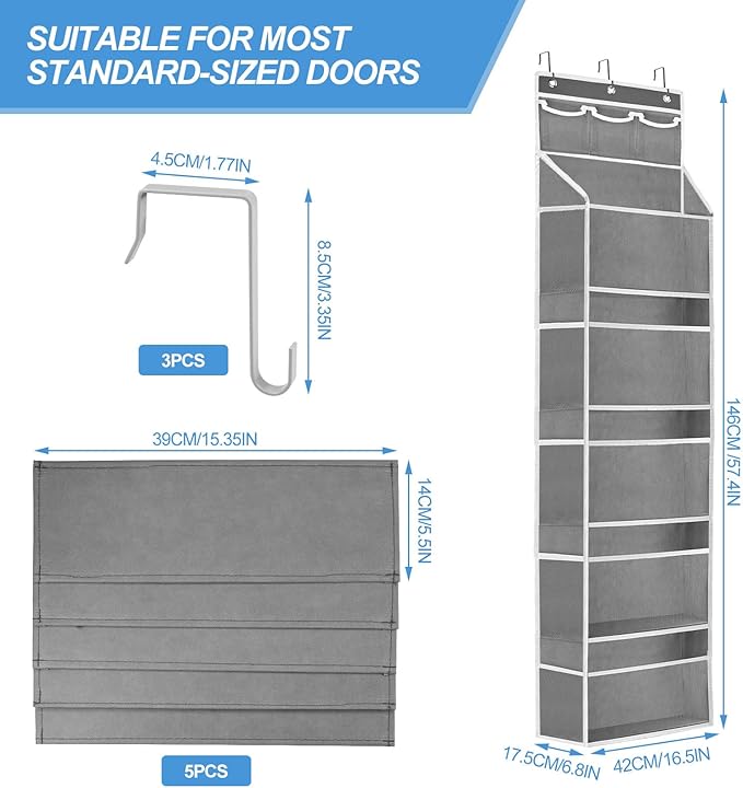Over the Door Organizer with 5 Large Pockets, 5+3 Tiers Shelf Hanging Door Organizer, Adjustable Hanging Closet Organizer wit