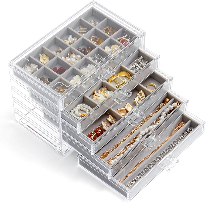 YUFONG Jewelry Organizer with 5 Drawers Clear Acrylic Earring Display Case Velvet Jewelry Storage Box Display Holder for Earr
