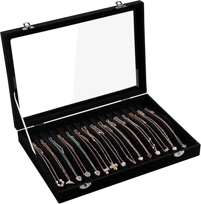 Frebeauty 15 Hooks Necklace Tray Velvet Neckalce Organizer with Clear Lid Lockable Necklace Holder Box Jewelry Organizer for 
