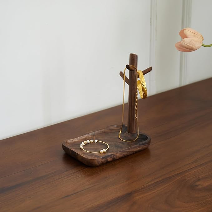 Black Walnut Solid Wood Key Dish Bowl for Entryway Table Square Tray With 3 Hooks, Open Storage for Keys, Wallet, Jewelry (Wa
