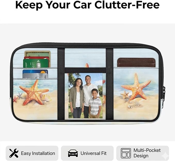 Beach Starfish Car Sun Visor Organizer Fashion Car Sun Visor Storage Bag Multi-Pocket Car Interior Accessories Easy to Store and Install Fits for Cars SUV