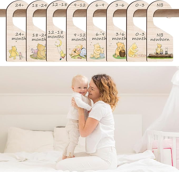 8Pcs Winnie Baby Closet Dividers, Double-Sided Wooden Baby Clothes Organizer for Classic Pooh Wardrobe