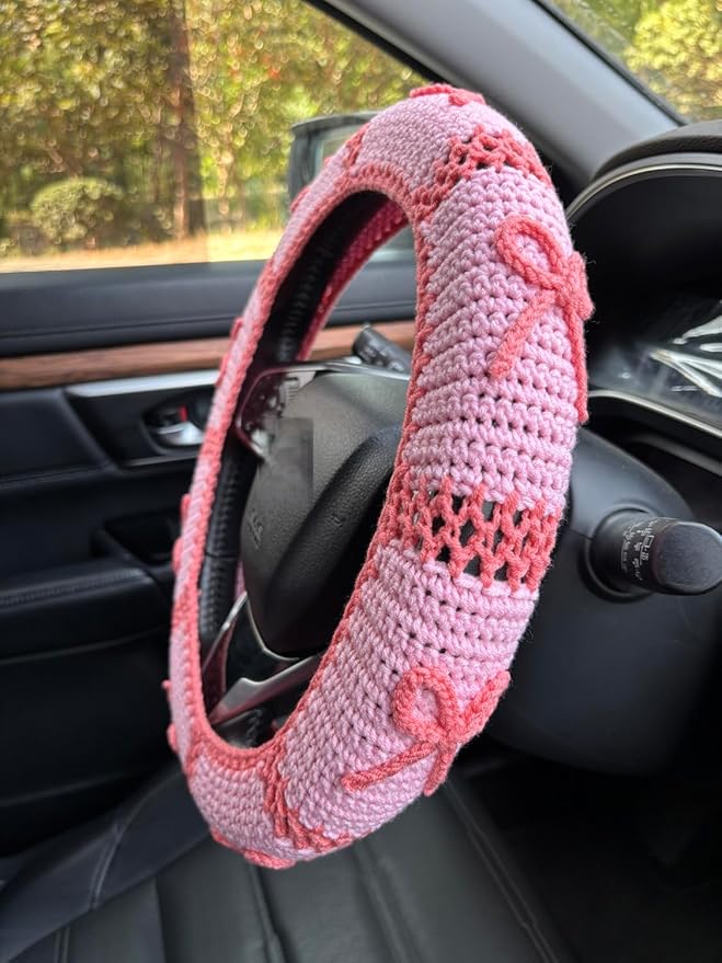 Handmade Crochet Pink Bow Car Steering Wheel Covers Universal 14-15 inch,Cute Steering Wheel Cover,Car Accessories (A,Steering Wheel Cover)