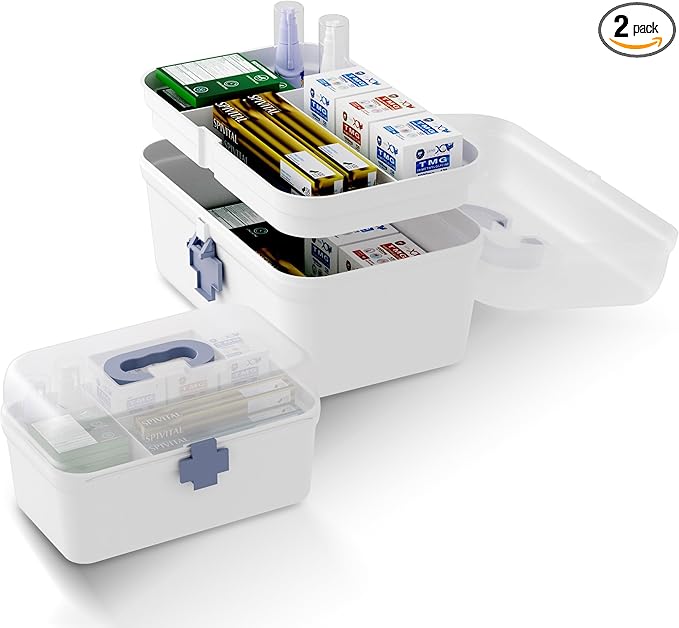 2-Pack Medicine Storage Box, Small & Large Portable Medicine Cabinet Organizer with Trays, Plastic First Aid Box Empty for Fa