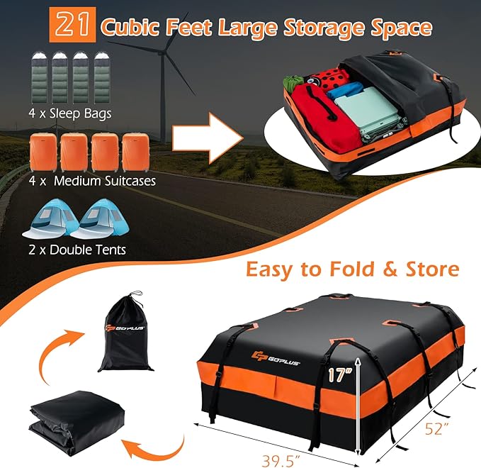 Goplus Rooftop Cargo Carrier, 21 Cubic Feet 100% Waterproof Soft Car Roof Bag for All Vehicles with/Without Rack, Includes Anti-Slip Mat, 10 Reinforced Straps, 6 Door Hooks, Storage Bag