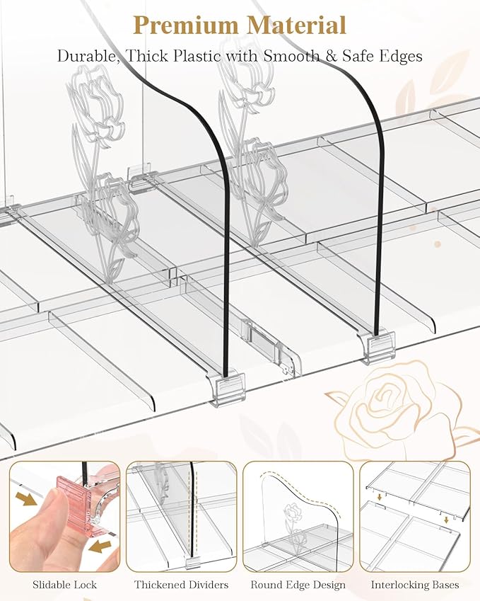 SURETIVIAN Rose Purse Dividers for Closet, 2 Pack Clear Clutch Purse Closet Organizers, Adjustable Handbag Storage Organizers