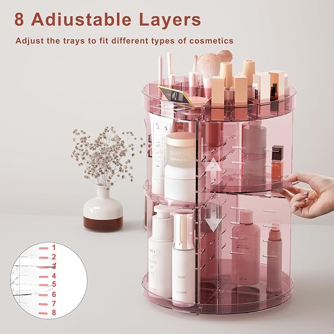 Jiavarry 360 Rotating Makeup Organizer with Lipstick Slots, 8 Adjustable Layers Spinning Skincare Organizers, Large Capacity 
