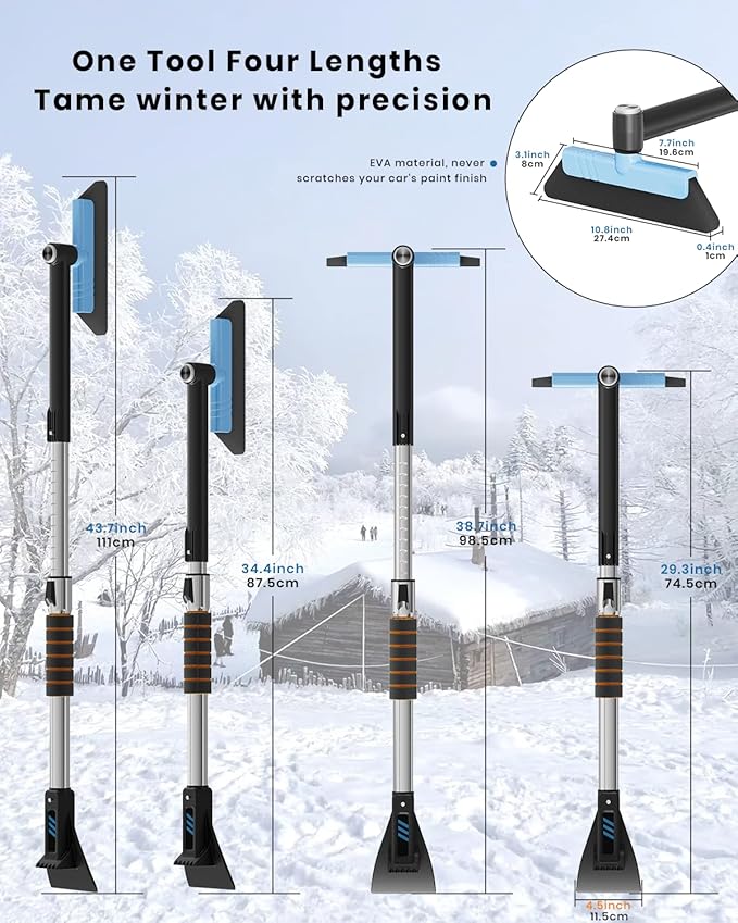 helloleiboo 43.7" Extendable Ice Scrapers for Car Windshield for 12 Adjustable Length Settings with Foam Grip and 360° Pivoting Brush Head Detachable Snow Brush for Truck SUV(Blue)