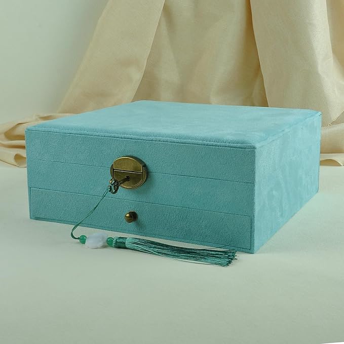 Women Jewelry Box Lockable 3 Layers Large Jewelry Organizer Storage Case for Earrings Necklaces Rings Bracelets,Green Display
