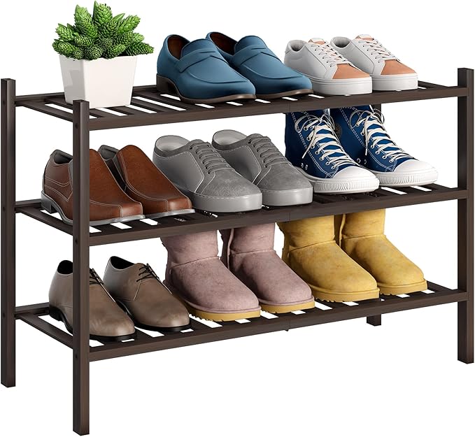 BMOSU 3-Tier Bamboo Shoe Rack Premium Stackable Shoe Shelf Storage Organizer for Hallway Closet Living Room Entryway Organize