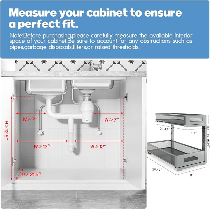 1 Pack 20.47IN Depth Under Sink Storage Organizer, Large 2-Tier Elegant Mesh Pull Out Shelf for Kitchen and Bathroom Cabinet 