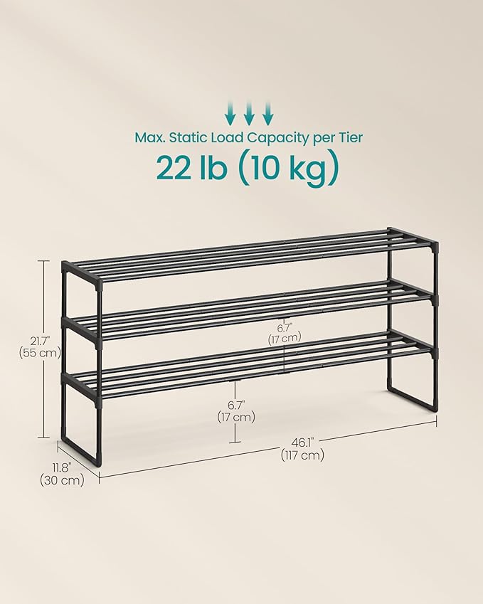 SONGMICS Shoe Rack, 3-Tier Shoe Organizer, Metal Storage Shelf, Upright or Upside Down, for 20-24 Pairs, Stackable, for Entry