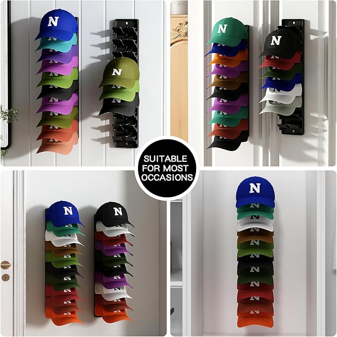 Hat Organizer for Baseball Caps 2 Pack, Wall Mounted Hat Rack Holds Up to 20 Hats, Cap Holder Display for Door & Closet, Hat 