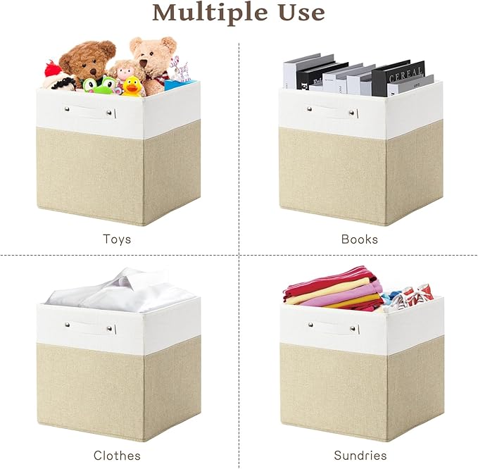 FinishingBo 13 x 13 Inch Fine Linen Storage Bins with Handles，Fabric Cube Boxs，Basket Organizers for Shelves for Home, Closet