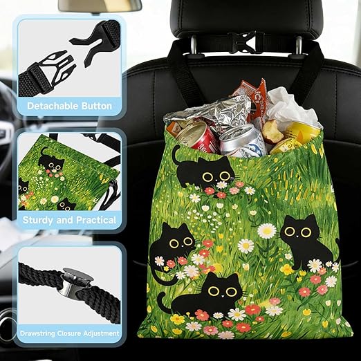 Cute Black Cat Car Trash Bag - Waterproof Car Trash Bag Hanging Leakproof Car Garbage Bag - Washable Reusable Trash Bag for Car Interior Hanging Organizer Storage Vehicle Travelling Camping