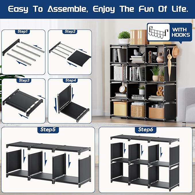 Mavivegue Book Shelf, 12 Cube Storage Organizer, DIY Bookcase, Metal Cube Bookshelf, Cubbies Closet Storage Organizer Shelves