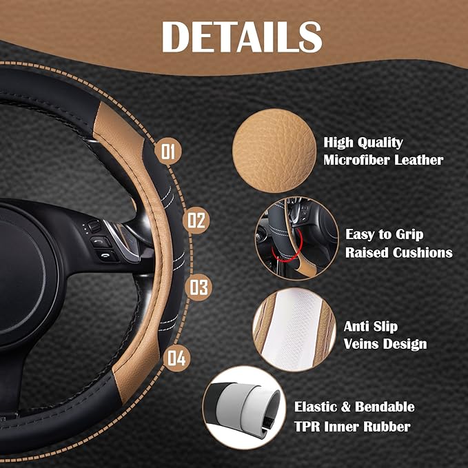 CAR PASS Line Rider Microfiber Leather Sporty 14.5-15 inch Steering Wheel Cover Universal Fits for 95% Truck,SUV,Cars, Anti-S