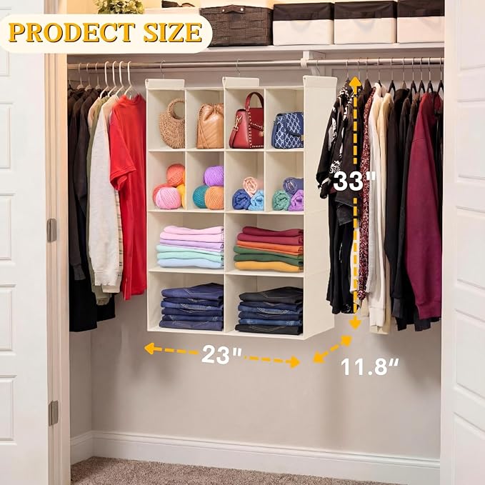 Ofiray-home 4 Tier Hanging Closet Organizer, 12 Compartments Sweater Organizer for Closet with 3 Sturdy Hooks, Closet Organiz