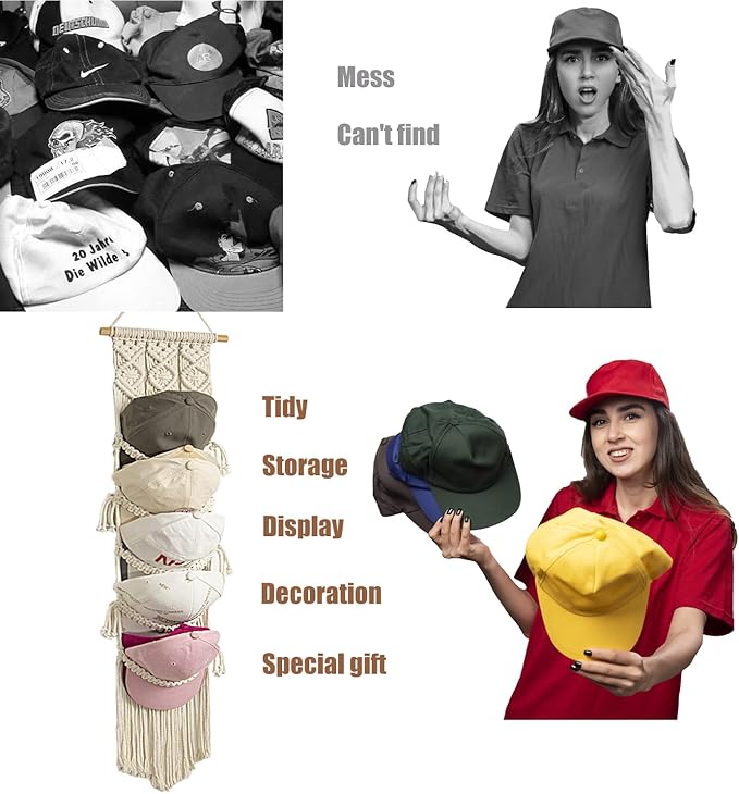 jontell Cap Holder-3 Pack-Hat Organizer for 30 Baseball Caps, Macrame Hat Rack for Wall, Cap Rack for Decoration and Display,