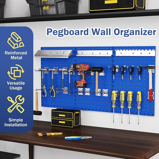 Goplus Garage Pegboard, Metal Pegboard Tool Organizer Kit with 3 Pegboards & 28 PCs Hanging Accessories, Heavy Duty Wall Orga