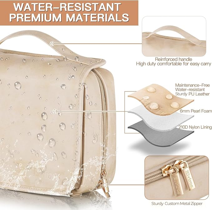 Elviros Hanging Travel Toiletry Bag for Women, 3-in-1 Large Makeup Bag and Cosmetic Organizer, Vegan Leather Waterproof Skinc
