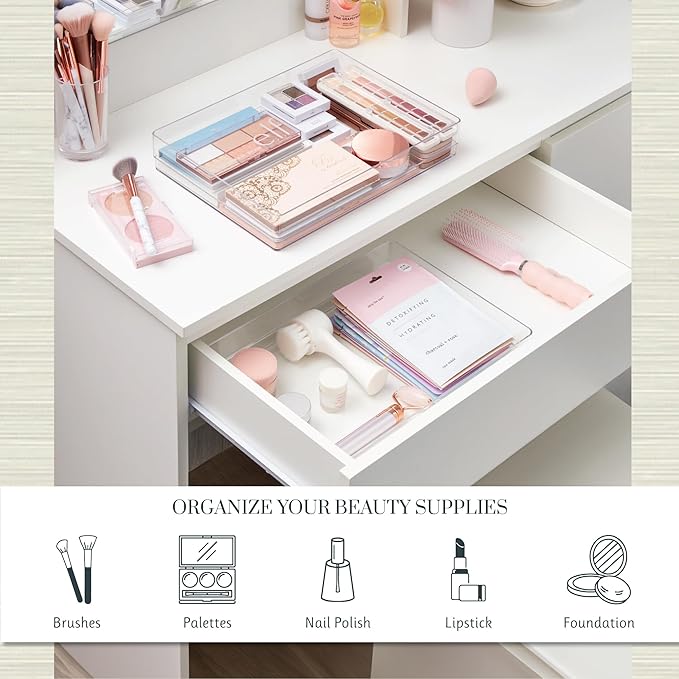 STORi SimpleSort 2-Piece Stackable Clear Drawer Organizer Set | 12" x 9" x 2" Rectangle Trays | Wide Makeup Vanity Storage Bi