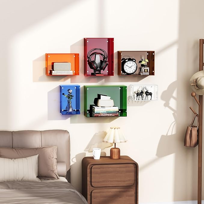Acrylic Floating Shelves for Wall, Wall Mounted Square Cube Shelf for Bedroom Living Room Bathroom Kitchen, Storage Shelf Dis