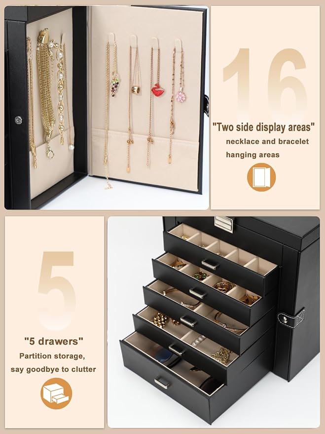 BOOVO Jewelry Box For women, 6 Layer Large Jewelry Organizer With Mirror, Multi-Function Storage Box With Lock, Necklace Hold