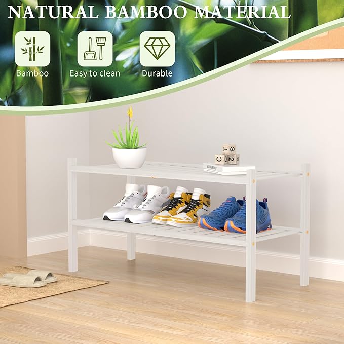 ROMGUAR CRAFT 2 Tier Bamboo Shoe Rack for Closet Free Standing Wood Shoe Shelf for Entryway Small Space Stackable 27"x11"x13"