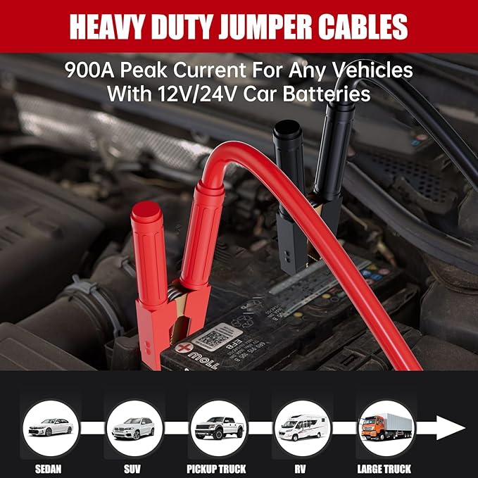 1 Gauge 30 FT Heavy Duty Jumper Cables for Car Battery, 900Amp Quick Connect Booster Cables for Jump Starting Dead or Weak Batteries, Suitable for 8L Gas & 6L Diesel, Carrying Bag Included