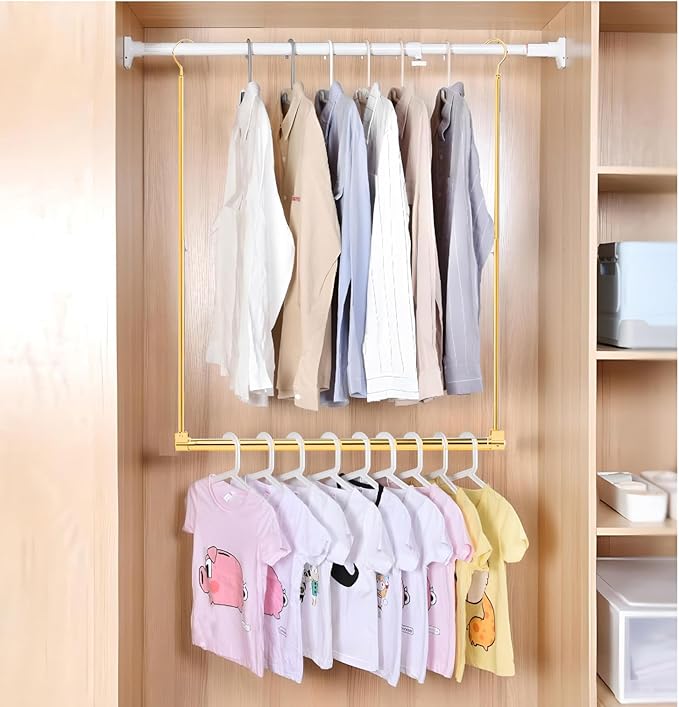 Adjustable Hanging Closet Rod, Extender Hanging Rod, Closet Hanging Organizer, Heavy Duty Closet Bar, Hanging Rod (Gold, 2 Pa