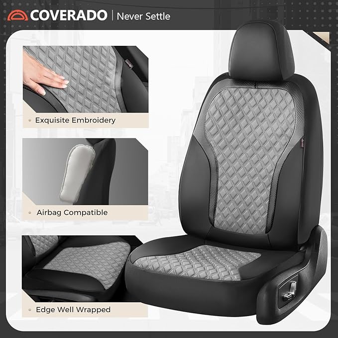 Coverado Car Seat Covers for Front Seats, Luxury Leather Car Seat Cover with Carbon Fiber Weave, Waterproof Automotive Seat P