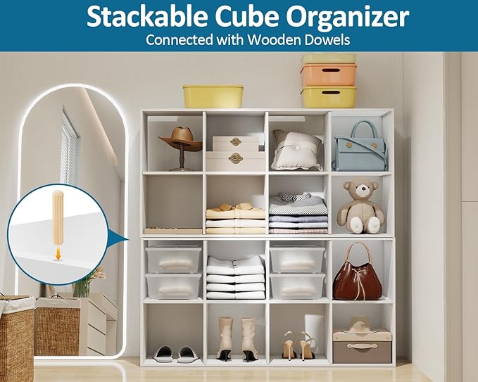 PrimeZone Stackable 8 Cube Storage Organizer: Wood Cubes Shelf Fits Cubby Bins - Square Cubicle Bookshelf Cabinet for Closet 