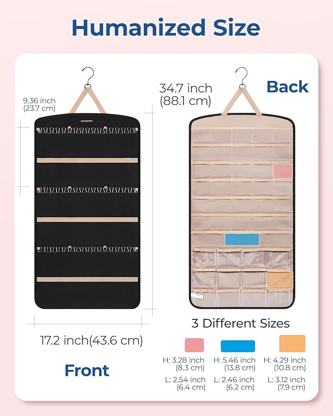 BAGSMART Hanging Jewelry Organizer, Necklace Holder Anti-tangle Earrings Rings Hanger with Pockets Hang on Closet, Wall, Door