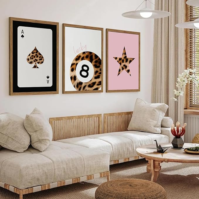 Pink and Black Leopard Wall Art, Lucky Girl 8 Ball Wall Decor Set of 3 Cheetah Lucky Star Poster Canvas Prints, Coquette Mode