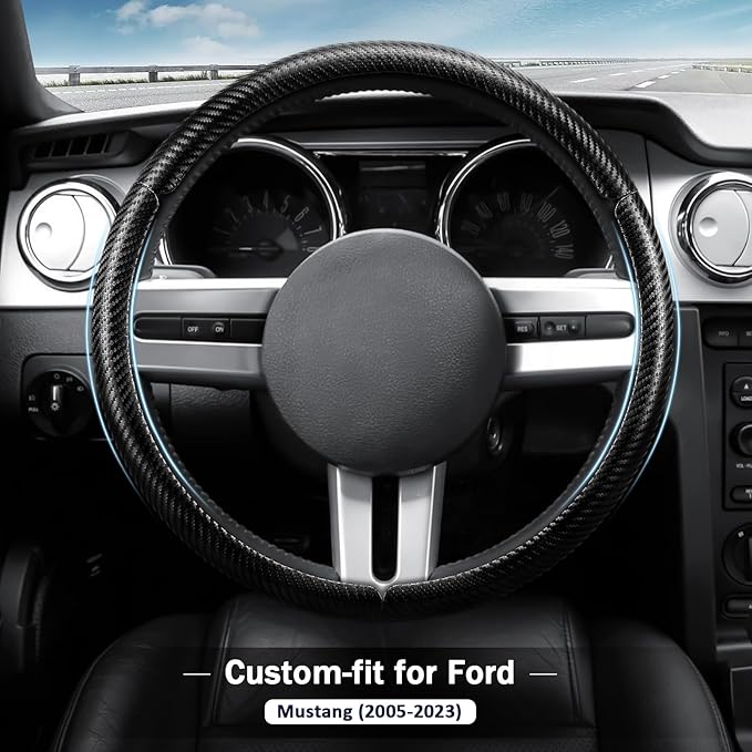 Carbon Fiber Steering Wheel Cover for Ford Mustang 2005-2023, 3 Piece Clip on Set,Carbon Fiber Wrap Anti-Slip Segmented Design,Car Steering Wheel Cover for Men Women（Matte Black