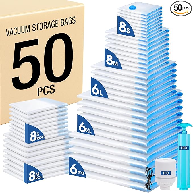 AROIC 50 Pack Vacuum Storage Bags, 5 Sizes + 2 Roll-up (8 Each) Space Saver Vacuum Sealer Bags for Clothing with 1 Electric P