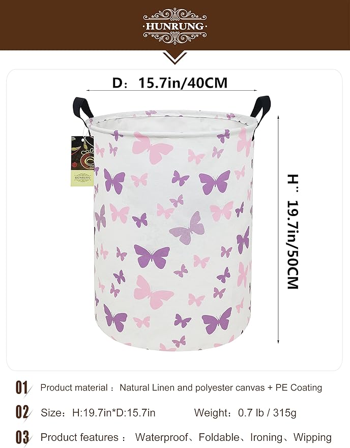 HUNRUNG Laundry Hamper,Large Canvas Fabric Lightweight Storage Basket Toy Organizer Dirty Clothes Collapsible Waterproof for 