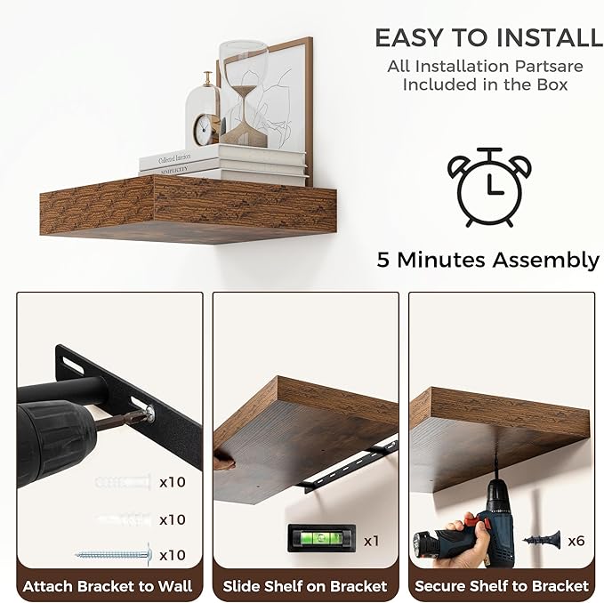 Square Floating Shelves for Wall, 12" W x 12" D x 2" H, 2 Pack of Small Wall Mounted Engineered Wood Shelves with Invisible B