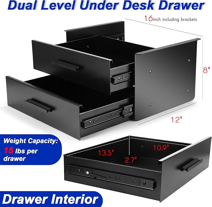 Menkxi 16 inch Under Desk Drawer Storage Pull out Storage Organizer Mounted Metal Sliding Hidden Under Counter Drawer Vertica
