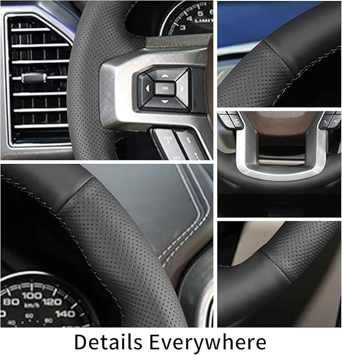 Hand Sewn Steering Wheel Cover,Fit for Ford F-150 2015 2018/Expedition 2018/F-150 Limited 2016/F-Series Super Duty 2017 2020 2022,Non-Slip Breathable Microfiber Leather Steering Wheel Cover