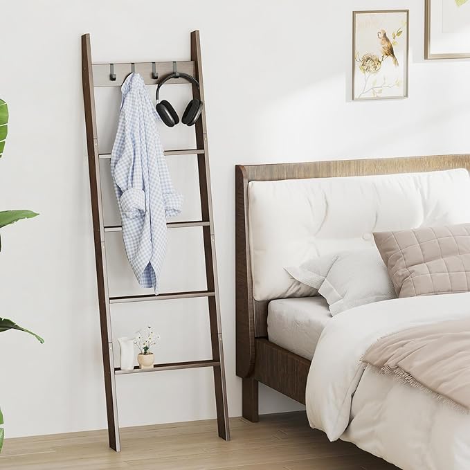 Giantex Bamboo Blanket Ladder, 5-Tier Ladder Shelf w/ 4 Removable Hooks, Decorative Wall Leaning Ladder, Blanket Holder w/Ant
