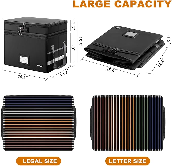 DocSafe File Box with Lock,Multi-Layer Fireproof Document Box Collapsible File Storage Organizer with Pockets/Handle,Large Po