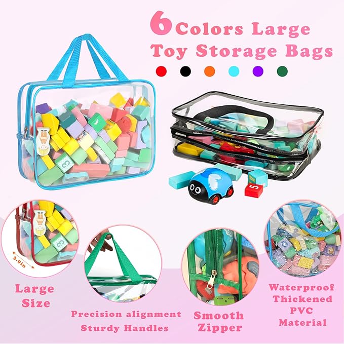 6 Packs Toy Storage Bags with Labels, 11.8x8.7x3.9In Large PVC Reusable Clear Board Game Storage with Zipper, Travel Waterpro