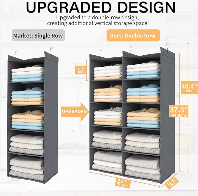 ALLTIDYUP Grey 5-Tier Hanging Closet Storage Organizer - Space-Saving Dual-Row Foldable Shelves with 3 Hooks, Wardrobe Organi